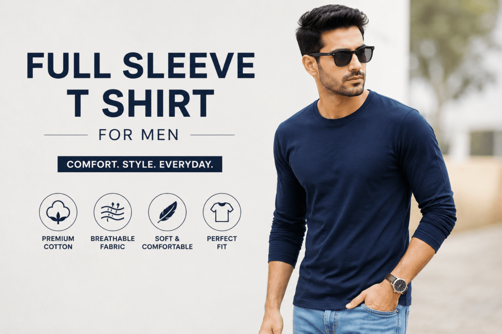Man wearing navy blue full sleeves t shirt for men with jeans and sunglasses."